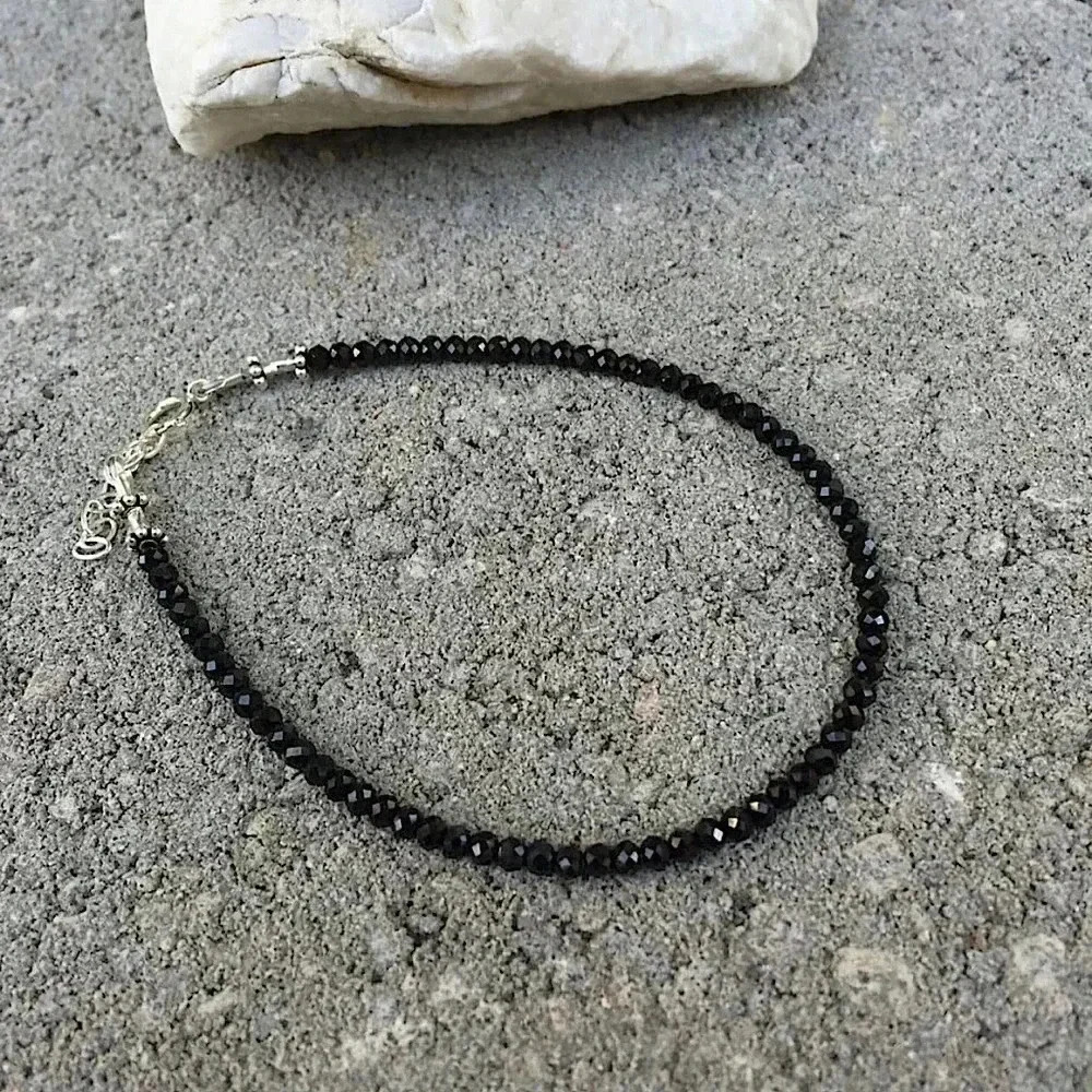 Black Spinel Bracelet, Black Ankle Bracelet, Sparkling Ankle Bracelet - Picture 2 of 3